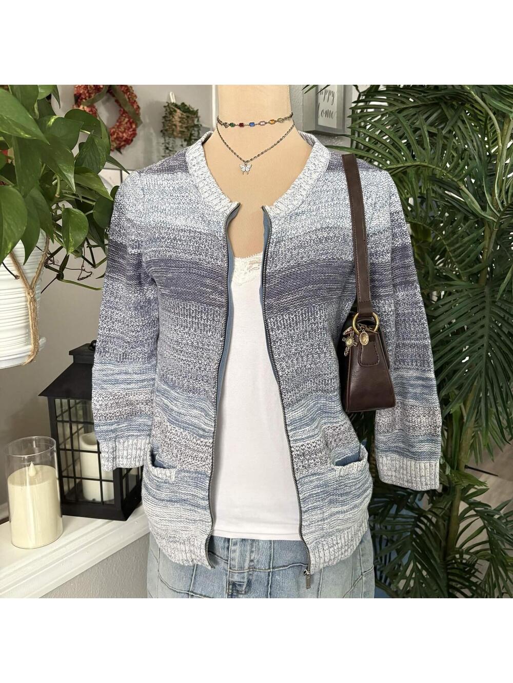 blue striped cardigan